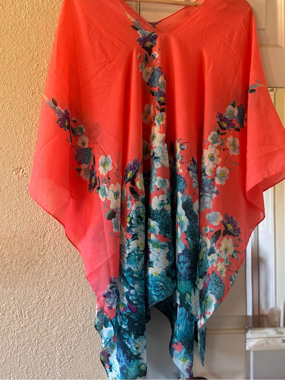 Coral Floral V-Neck Sheer Kimono Poncho